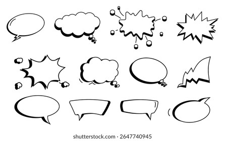 Um conjunto de discursos e bolhas de pensamento variadas e desenhadas à mão em estilo cômico.