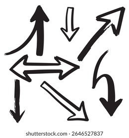 Set of diverse hand-drawn messy arrows pointing in various directions