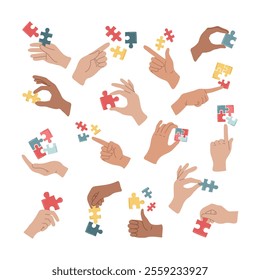 Set of diverse hands gestures holding, assembling, connecting jigsaw puzzle pieces. Problem solving and brainstorming, searching for ideas. Autism, psychical problems, alzheimer. Vector illustration