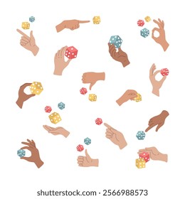 Set of diverse hands gestures holding playing dices. Problem solving, searching for ideas, taking risk, brainstorming. Arm throw the game cube. Casino, gambling. Isolated vector illustration