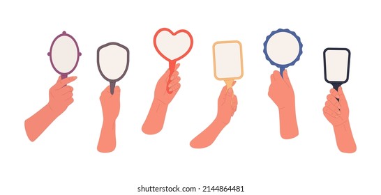 Set of diverse hands holding colorful mirrors.Female hands in different poses hold differently shaped,makeup mirrors.Simple vector illustration in cartoon style,isolated on white background.