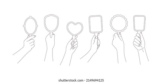 Set of diverse hands holding mirrors.Female hands in different poses hold differently shaped,makeup mirrors.Simple vector illustration in line style,isolated on white background.