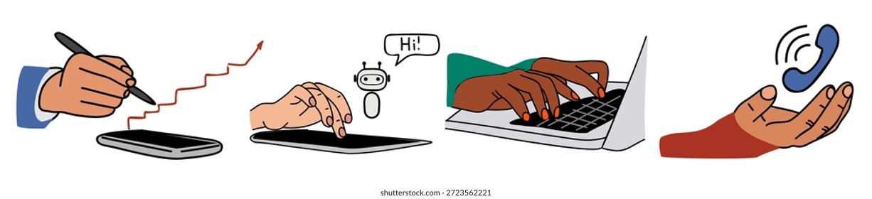 Set of diverse hands interacting with smartphone, tablet, laptop, and phone icon, representing modern digital communication and work. Vector illustration isolated on white background