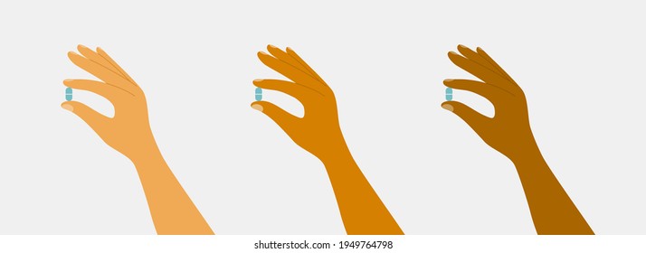 Set of diverse hands with pills. Human fingers hold drugs or vitamins. Healthcare, medical treatment, pharmacy concept. Medicine, health care vector illustration. Multiethnic people holding medication