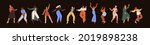 Set of diverse happy women dancing from fun and joy. Smiling young people moving to music at disco party. Collection of modern stylish female dancers in motion. Isolated flat vector illustrations