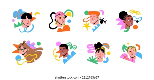 Set of diverse happy young people with colorful abstract shapes on isolated background. Modern illustration of trendy women and men group for teamwork, art community or business creativity concept.
