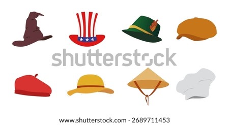 A set of diverse hats including wizard, top, alpine, newsboy, beret, sun, conical, and chef hats.