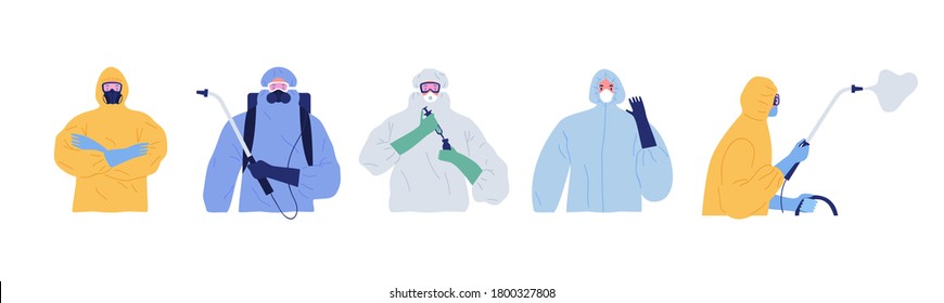 Set of diverse health care workers in hazmat suit doing different disease prevention activities on isolated white background. Flat cartoon character collection cleaning in outbreak emergency.