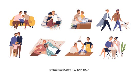 Set of diverse homosexual couple vector flat illustration. Collection of international gay family with children and dog isolated on white background. Male fathers enamored spending time together