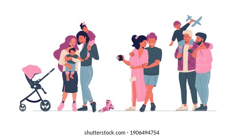 Set of diverse homosexual , lesbian and transgender couples. International homosexual family. Same gender parents. Flat vector cartoon illustration.