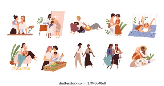 Set Of Diverse Homosexual Multiracial Lesbian Couples. International Gay Family Bundle With Children. Female Parents, Different Ages. Flat Vector Cartoon Illustration Isolated On White Background.