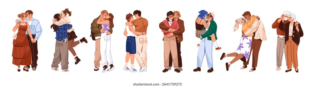 Set of diverse hugging couples. Homosexual and heterosexual lovers cuddle, kiss. Happy young and elderly people embrace, love in romantic relationships. Flat isolated vector illustrations on white