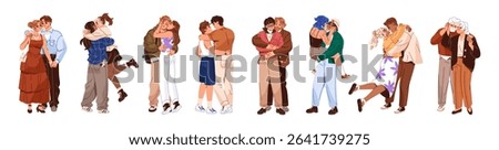 Set of diverse hugging couples. Homosexual and heterosexual lovers cuddle, kiss. Happy young and elderly people embrace, love in romantic relationships. Flat isolated vector illustrations on white