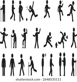 Set of diverse human action poses: walking running sitting standing and various movements.

