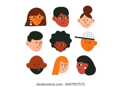 Conjunto de rostros humanos diversos. Diverso grupo de personas con estilo. Nueve retratos. Raza diferente. Igualdad, feminidad. Ilustración vectorial plana aislada sobre fondo blanco para avatar, icono, logotipo