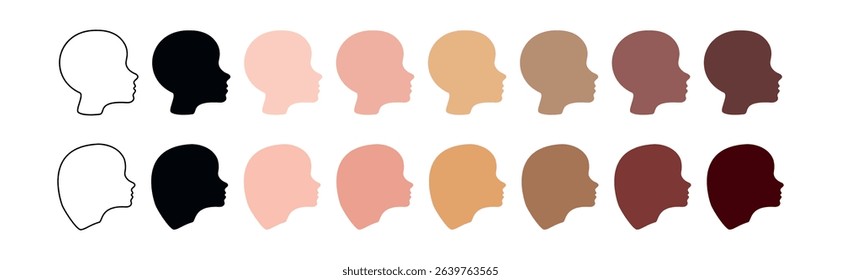 Set of Diverse Human Faces in Profile Silhouettes and Outline with Different Skin Tones. Concept of Diversity, Inclusivity, Ethnicity, Equality, People. Collection for Design. White background
