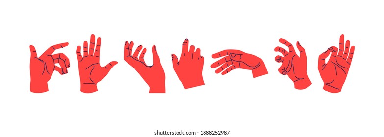 Conjunto de manos humanas diversas en diferentes poses y gestos. Colección de ilustraciones de carteles de mano masculina o femenina inusual sobre fondo blanco aislado.