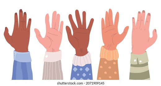 Set of diverse human hands raised up. Flat vector illustration isolated on white background.