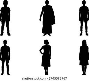 Set of diverse human silhouettes including a child, monk, and adults in casual and formal wear, isolated on white background.