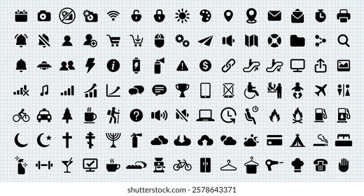 Set of diverse icons: communication, technology, nature, and lifestyle. Icons include communication, nature, and technology symbols. Versatile icon set. User interface icon vector set.