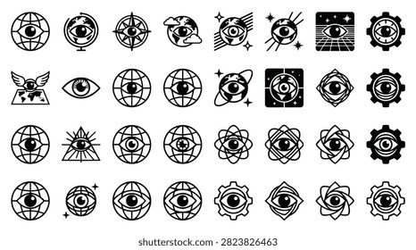 A set of diverse icons featuring eyes, globes, and celestial elements in a minimalist line art style.