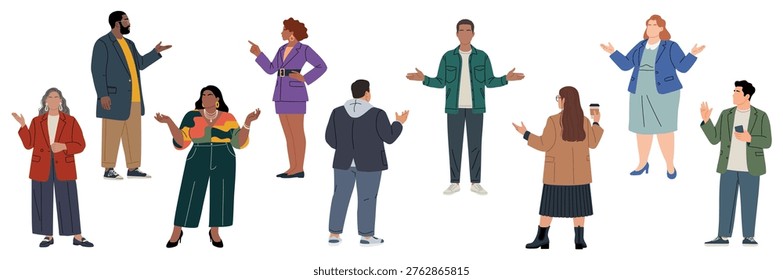 Set of diverse individuals gesture expressively, facing forward. Each person shows unique style, posture, and attitude. They appear cheerful, engaged, or inviting with open hands