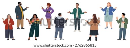 Set of diverse individuals gesture expressively, facing forward. Each person shows unique style, posture, and attitude. They appear cheerful, engaged, or inviting with open hands