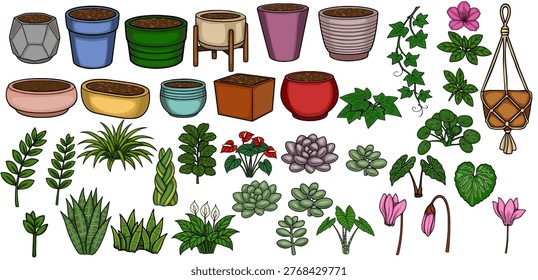 Set of diverse indoor plants and stylish planters, isolated vector elements
