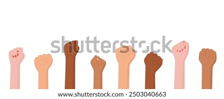 Set of diverse isolated support symbol fist, a woman is holding a protest sign, a person shows up with a strength and solidarity gesture, character holds a revolution fist.