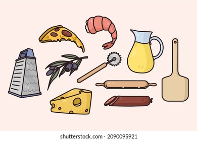 Set of diverse Italian cuisine ingredients for pizza or pasta. Collection of traditional food meal products of Italy origin. Olives, cheese and shrimps. Tools and equipment. Vector illustration. 