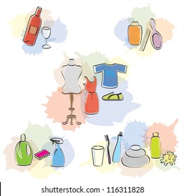 Set of Diverse Items, Beauty, Cleaning and Cloth Icons