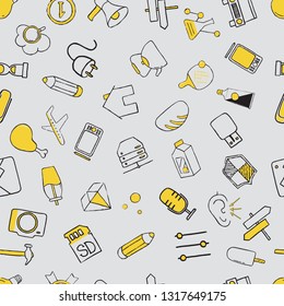 Set of diverse items and equipment doodle icons. Seamless pattern. Vector illustration