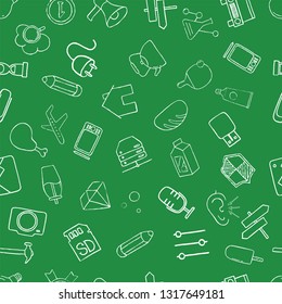 Set of diverse items and equipment doodle icons. Seamless pattern. Vector illustration