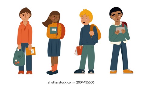 Set of diverse kids back to school with backpacks, books and notepads isolated on white background. Girl and boy looking at each other.