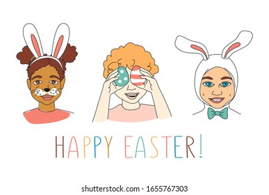 Set of Diverse Kid's Children's boys and girls head diversity . Happy Easter funny banny rabbit cotume ears and painted eggs. Hand drawn line drawing doodle vector illustration  