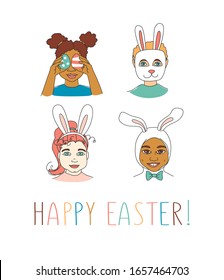 Set of Diverse Kid's Children's boys and girls head diversity . Happy Easter funny banny rabbit cotume ears and painted eggs. Hand drawn line drawing doodle vector illustration poster greeting card