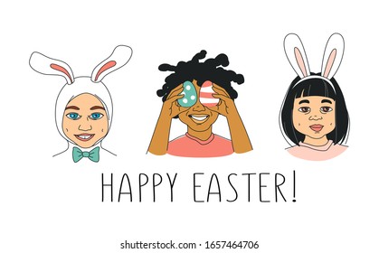 Set of Diverse Kid's Children's boys and girls head diversity . Happy Easter funny banny rabbit cotume ears and painted eggs. Hand drawn line drawing doodle vector illustration poster greeting card