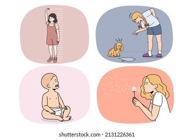 Set of diverse kids of different age with various emotions. Collection of small children cry and smile, do everyday activities, train dog and go for walk. Childhood concept. Vector illustration. 