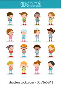 Set of diverse Kids and Different nationalities isolated on white background, Kids go to school, back to school, Cute cartoon children, happy children, Vector Illustration.