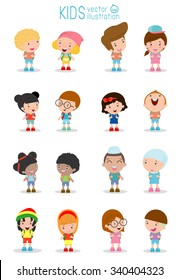 Set of diverse Kids and Different nationalities isolated on white background, Kids go to school, back to school, Cute cartoon children, happy children, Vector Illustration.