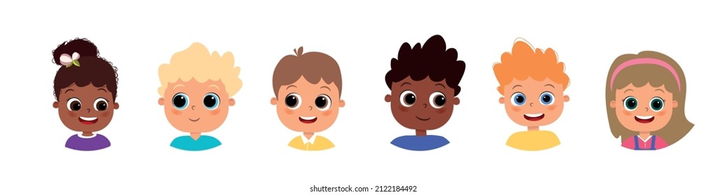 Set of diverse kids faces, avatars. Children's heads of different nationalities in flat style. Boys and girls portraits vector illustration in cartoon style. Different Characters