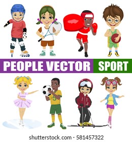 Set Of Diverse Kids. Hockey Player, Tennis, Boxer, Basketball, Figure Skater, Soccer, Skier, Roller