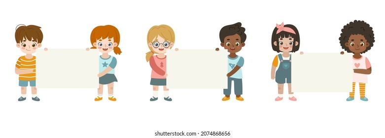 Set of diverse kids holding empty banner by pairs. Happy cartoon kids standing and showing blank paper sheet together collection.