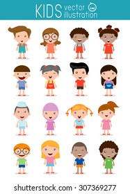 Set of diverse kids isolated on white background. . Different nationalities and dress styles. European children, America's Children, Asian children,African children, happy children,Vector Illustration