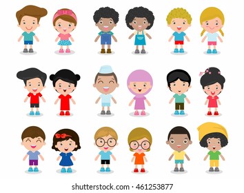 Set of diverse kids isolated on white background. 