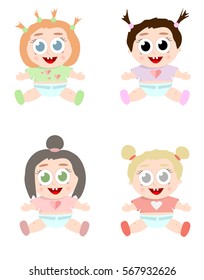 Set of diverse kids, isolated.Set of Vector illustration of different girls .Different hair color and haircuts, styles.