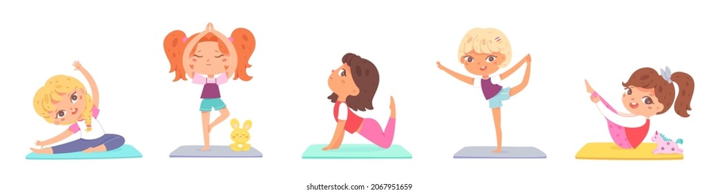 Set diverse kids practicing yoga performing different position exercising on mat vector flat illustration. Collection girls doing sports training, stretching body, feeling harmony balance