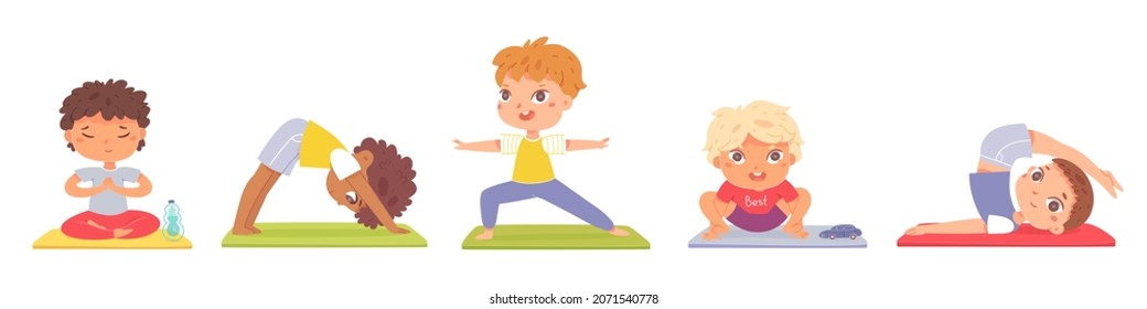 Set diverse kids practicing yoga performing different position exercising on mat vector flat illustration. Collection boys doing sports training, stretching body, feeling harmony balance