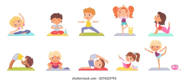 Set diverse kids practicing yoga performing different position exercising on mat vector flat illustration. Collection boys and girls doing sports training, stretching body, feeling harmony balance