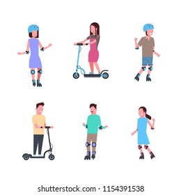 set diverse kind sport boy girl riding over white background. cartoon full length character. flat style vector illustration